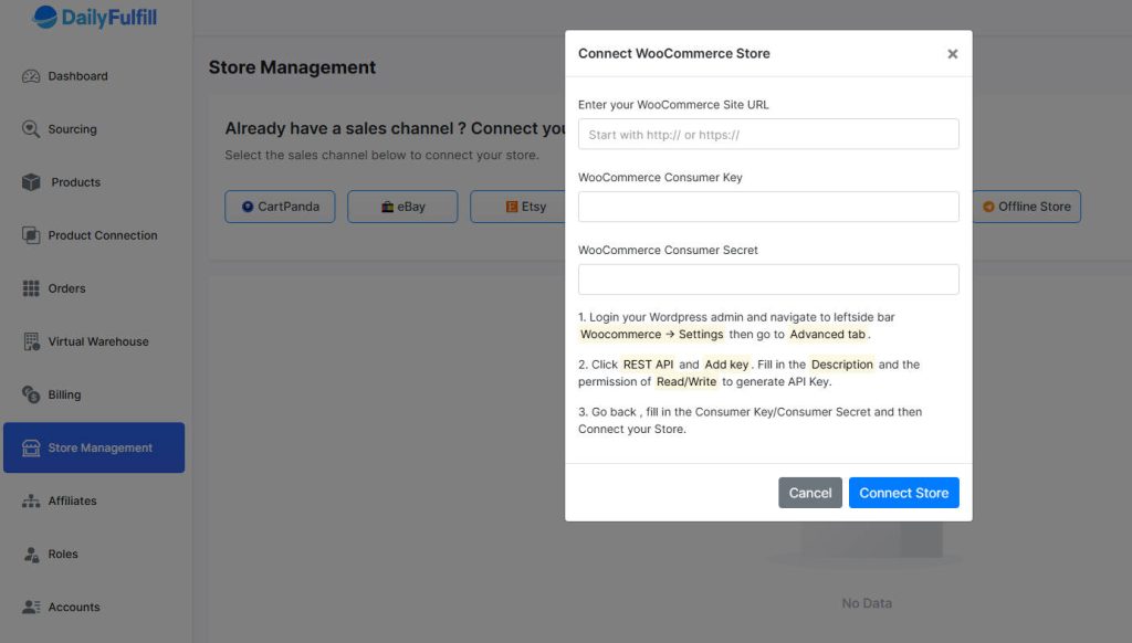 WooCommerce-Shop-URL- und API-Anmeldeinformationsfelder in DailyFulfill