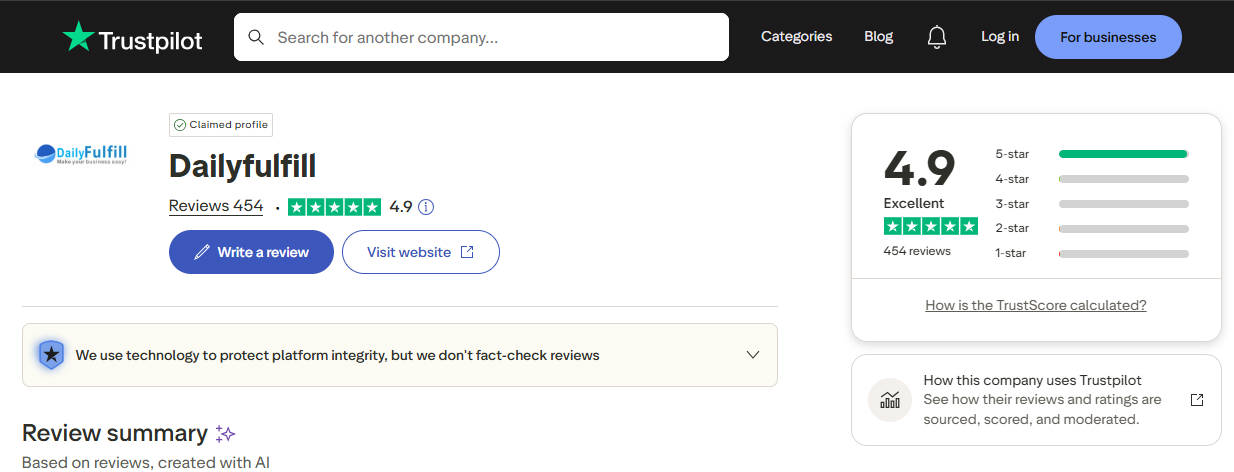 DailyFulfill Trustpilot overall rating — 4.9 stars from 454 verified reviews