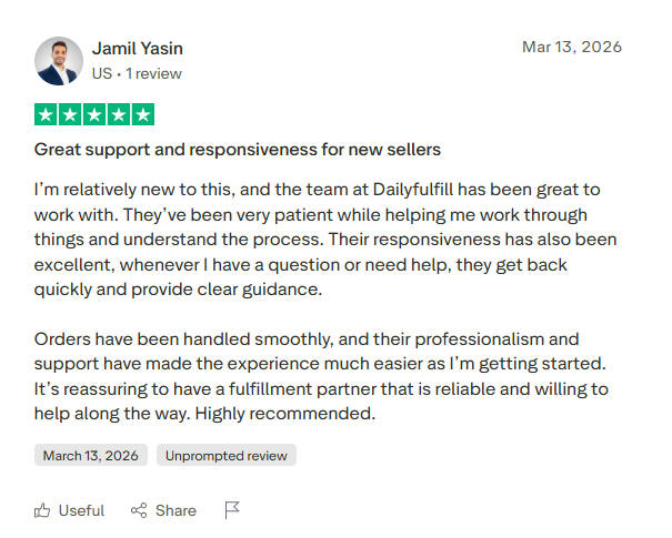 Verified Trustpilot review of DailyFulfill dropshipping fulfillment service